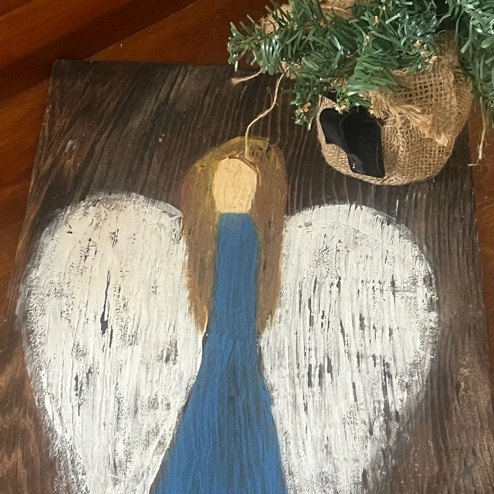 Hand-painted Angel On Reclaimed Vintage Cedar Wood Shingle Handcrafted